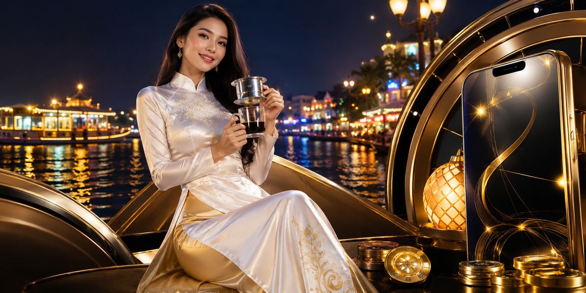 Người dùng mặc áo dài đăng ký nhận thưởng tại vùng Mekong Việt Nam
